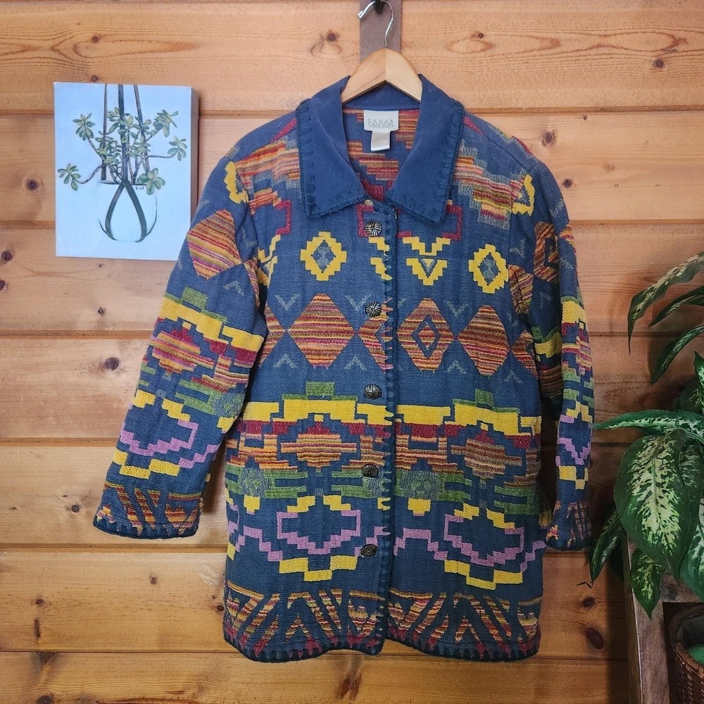 Vintage Cedar Canyon Southwest Aztec Tapestry Jacket Barn Coat Wooden Plus Sz 1X